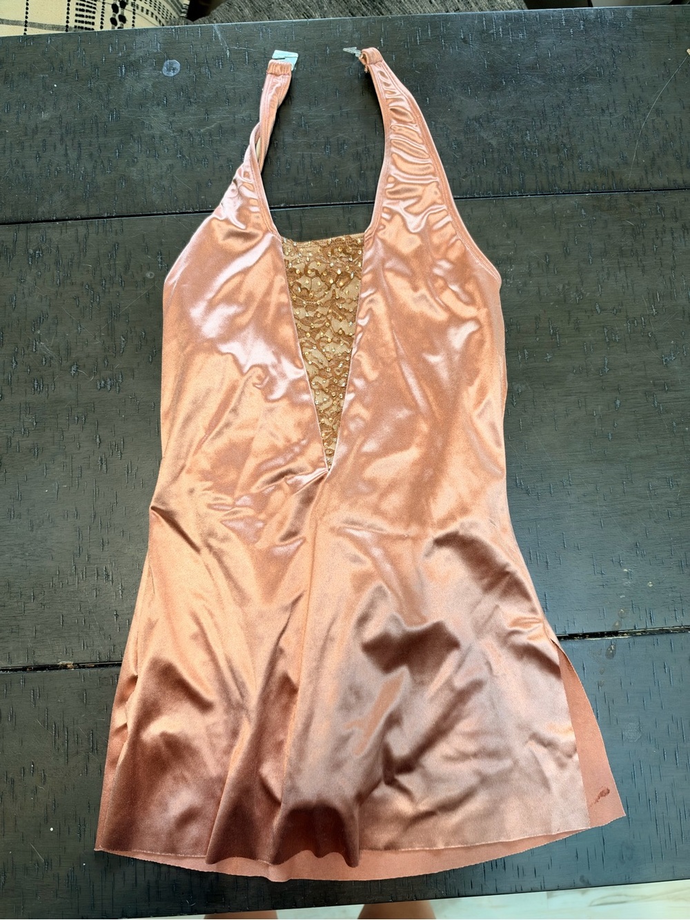 Silky Rose Gold Halter Chemise with Lace Inset